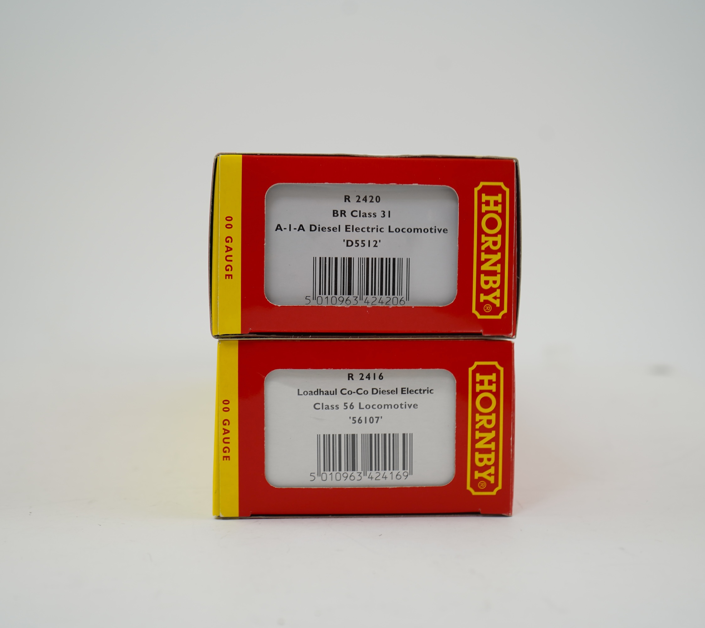 Two boxed Hornby Hobbies 00 gauge railway diesel-electric locomotives; a Loadhaul class 56 Co-Co, 56107, (R2416), together with a BR class 31 A-1-A, D5512, (R2420)